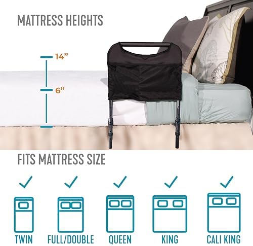 Able Life Bedside Safety Handle, Padded Stand Assist Railing for Seniors, Height Adjustable Bed Rail with Pouch for Elderly Adults, Fits King, Queen