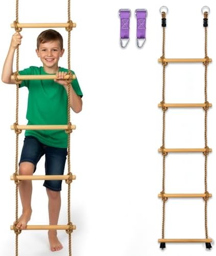Wooden Rope Ladder for Kids - 6ft Tree Climbing Ladder with Carabiners