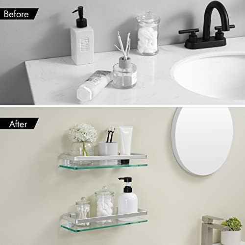 KES Glass Shelves for Bathroom, Floating Tempered Glass Shelves 14 Inch | Aluminum Extra Thick 2 Pack Rectangular Storage Organizer Wall Mount Silver