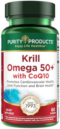 Krill Omega 50 Plus w/ CoQ10 from Purity Products - 1300mg Krill Oil and Fish Oil Blend - 100mg CoQ10-500mg Natural Astaxanthin - Support for Cardio