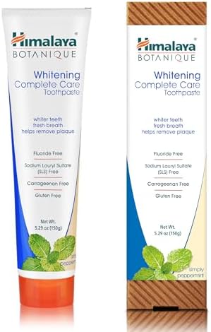 Himalaya Botanique Whitening Complete Care Toothpaste, Teeth Whitening, Fights Plaque, Fluoride Free, No Artificial Flavors, SLS Free, Cruelty Free, Foaming, Simply Mint Flavor, 5.29 Oz, 4 Pack