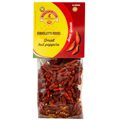 TUTTOCALABRIA Diavoletti Rossi Chili Peppers, Dried Hot Peppers, 50 g | Small Dried Spicy Hot Chili Peppers "Red Devils" for Seafood and Salads