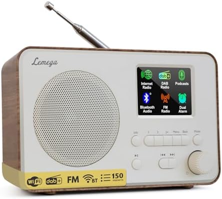 LeMega IR1PRO Internet Radio, Podcasts, Bluetooth, FM, Walnut | Alarm clock, full colour display, mains or AA battery, compact kitchen radio, snooze