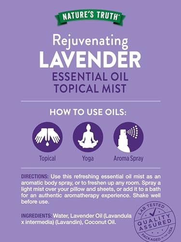 Nature's Truth Lavender Essential Oil Spray | 2.4 fl oz | Room Aroma Mist, Topical Use, & Yoga | Room Aroma Mist, Topical Use & Yoga