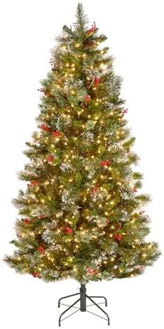 National Tree Company 7.5ft Pre-Lit Wintry Pine Medium Christmas Tree | 650 Clear Lights, 831 Tips, Flocked, Pinecones, Red Berries, Includes Stand, Green