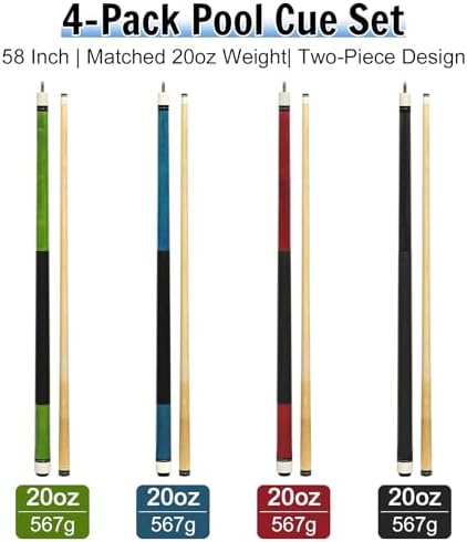 Pool Cue Sticks 4-Pack, 58 Inch Billiard Cues for Home & Bar Play, Solid Maple Wood Pool Sticks with 12.5mm Multi-Layer Leather Tip, Leather Grip