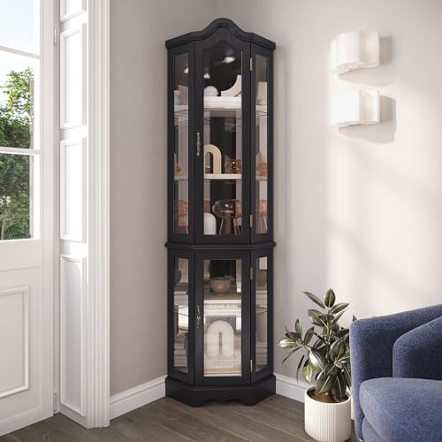 BELLEZE Lighted Corner Display Curved Top Curio Cabinet Wooden Shelving Unit with Tempered Glass Door