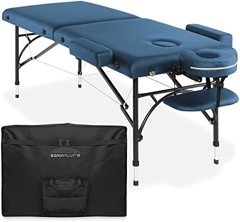 Saloniture Professional Portable Lightweight Bi-Fold Massage Table with Aluminum Legs - Includes Headrest, Face Cradle