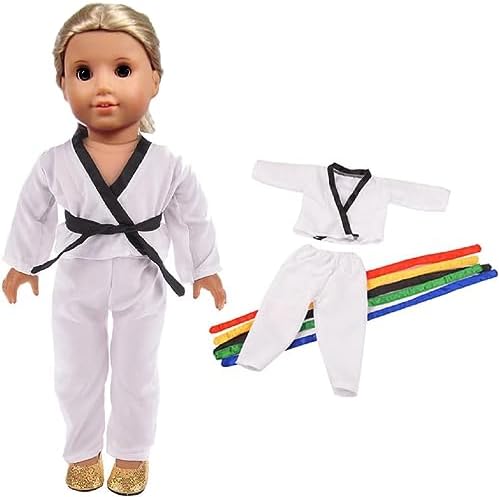 18 Inch Girl Doll Clothes White Karate / Tae Kwon Do Outfit Includes Blouse, Pants and 5 Belts - Yellow, Green, red