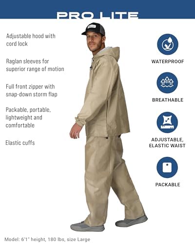 FROGG TOGGS Men's Pro Lite Rain Suit, Waterproof, Breathable, Dependable Wet Weather Protection, Carbon Black, XL/XXL