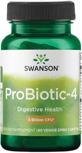 Swanson Probiotic-4 3 Billion Cfu 60 Veg Capsules | 3 Billion CFU from 4 Broad-Spectrum Probiotic Strains Plus Prebiotics, Supports Bowel Regularity and Microbiome