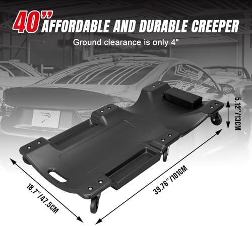 BIG RED TRP6240 Torin Blow Molded Plastic Rolling Garage/Shop Creeper: 40" Mechanic Cart with Padded Headrest, Dual Tool Trays and 6 Casters, Red