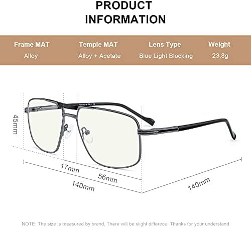 Reading Glasses for Men Square Double Bridge Blue Light Blocking Computer Readers