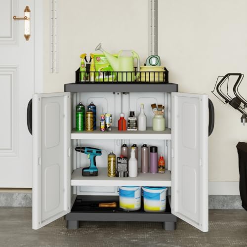 GIANTEX Storage Cabinet with 2 Doors and Adjustable Shelves, Modern Plastic Base Garage Organizer, Floor Sideboard for Kitchen, Dining Room, Bathroom (Wide-29"x19"x37",White+Brown)