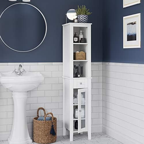 RiverRidge Prescott Tall Slim Bathroom Linen Storage Cabinet, White | Versatile Narrow Organizer with Reeded Glass Door, Open Display