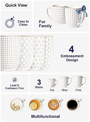 LE TAUCI Coffee Mugs 16 oz, Ceramic Mug Set, Embossment Cups for Latte, Hot Tea, Cappuccino, Mocha, Cocoa, Dishwasher Safe