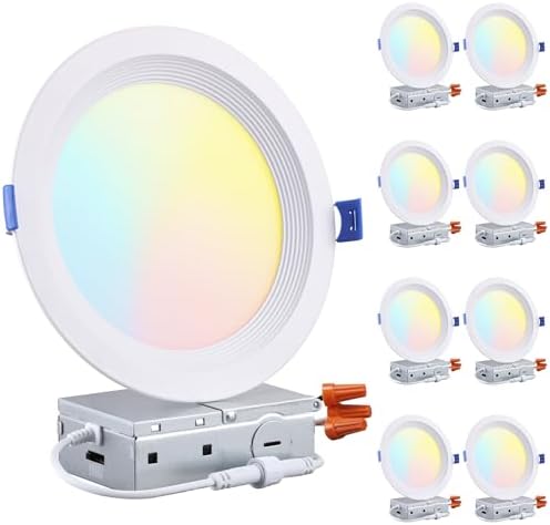 TORCHSTAR 8-Pack 5CCT 6 Inch Slim LED Recessed Lights, Anti-Glare, Aluminum | 12W 1000LM, CRI90 Dimmable Ceiling Downlight with J Box, Air Tight