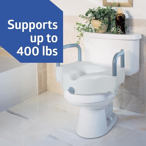 Medline 5" Standard Raised Locking Toilet Seat, 400 lb Capacity | Toilet Riser with Removable Padded Arms, Fits Most Standard Toilets, No Lid, Medical Seat For Adults and Elderly