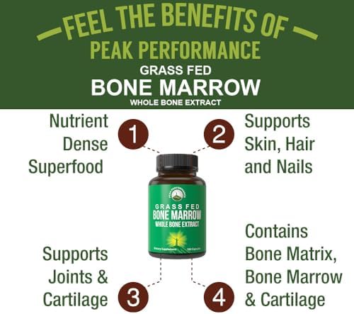 Peak Performance Grass Fed Bone Marrow Whole Extract Supplement 180 Capsule | Superfood Pills Rich in Collagen, Vitamins