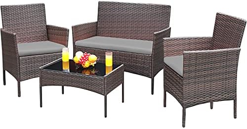 Greesum Patio Furniture 4 Pieces Conversation Sets,Brown and Beige