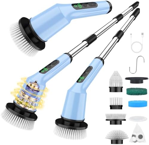 Electric Spin Scrubber for Bathroom, Shower Scrubber with Long Handle | Shower Cleaner Brushes, IPX7 Waterproof & 2 Speed, 3 Brush Heads, 90min Runtime, Bathroom Cleaning Supplies for Toilet Tub