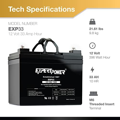 ExpertPower EXP33-12V 33Ah SLA AGM Battery for Solar Energy Storage, UPS, Trailer, Security System, Mobility Scooter, Small Marine Battery Backup, Rechargeable 12V Batteries Lead Acid, M6