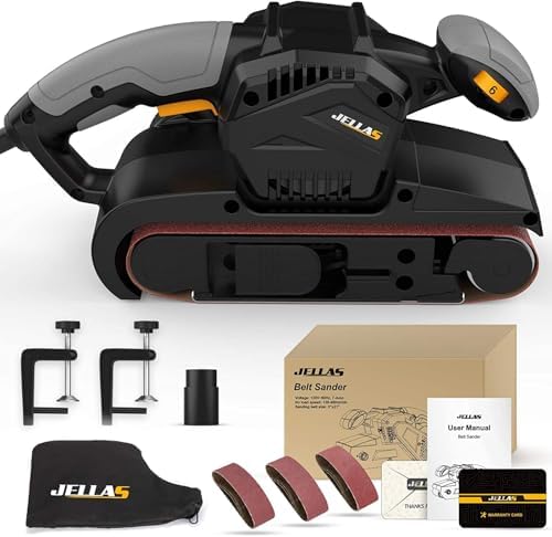 Jellas 7Amp Handheld Belt Sander, 3 21 Inch with Dust Bag for Woodworking | Variable Speed Control, 2-in-1 Vacuum Adapter, 10ft Power Cord
