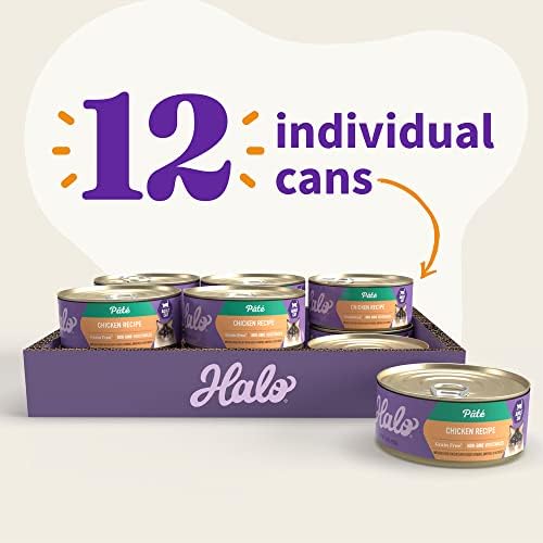 Halo Wet Cat Food Real Chicken Recipe, Grain-Free Wet Pate, Canned Cat Food for Extra Hydration, 5.5 Oz Can (Pack of 12)