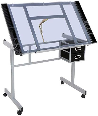 Adjustable Drafting Table Drawing Desk Art Craft Station Drafting Desk Glass Tabletop w/2 Slide Drawers and Wheels for Drawing, Sketching, Reading