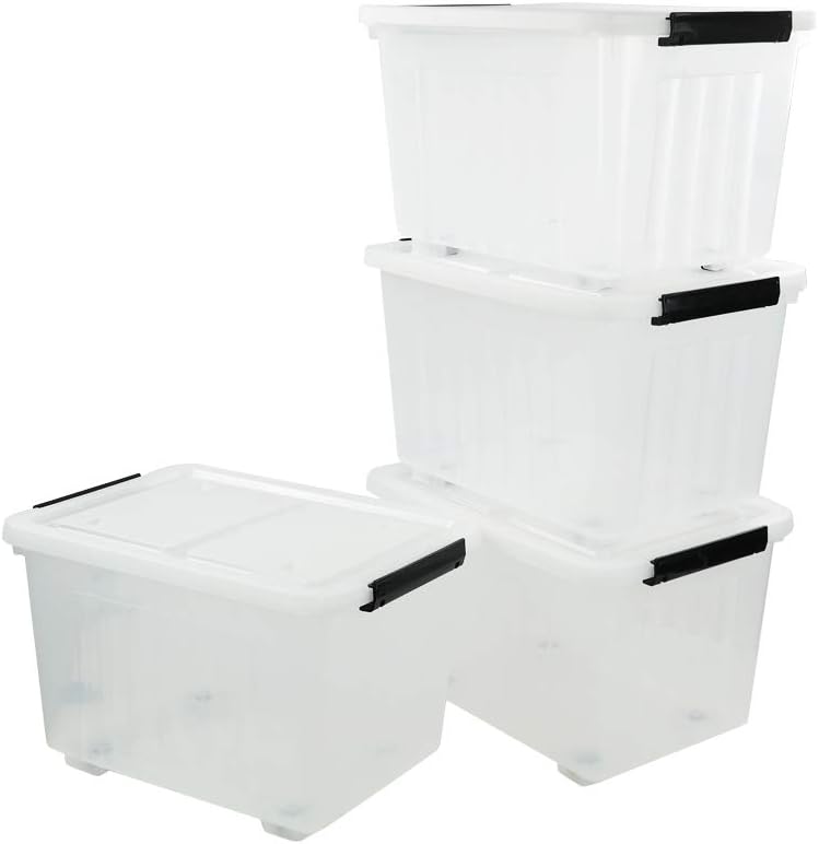 Clear Plastic Storage Bins with Wheels, 4-Pack Latch Boxes, 30 L