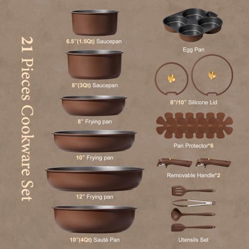 CAROTE 21pcs Pots and Pans Set, Nonstick Cookware Set Detachable Handle, Induction Kitchen Cookware Sets Non Stick with Removable Handle