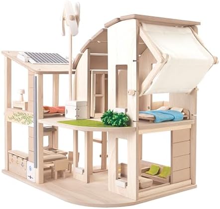 PlanToys® Green Wooden Dollhouse with Solar Panel, Wind Turbine & Furniture | recycling system, eco-friendly doll house, sustainable pretend play, kids, girls, environmental learning gift for boys