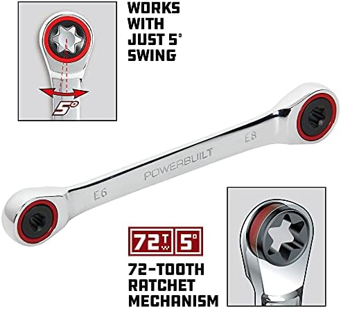 Powerbuilt E10/E12 Ratcheting Double Box-End E-Torx E-Star Wrench, 72-Tooth Ratcheting Wrench with 5-Degree Swing for Tight Spaces - 641760