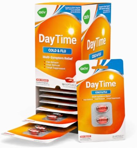 AXIV Daytime Multi-Symptom, Daytime Cold and Flu Relief Softgels, Non-Drowsy Cold Medicine, Relief of Pain, Sore Throat, Minor Aches and Pains, Fever, Cough, 24 Count