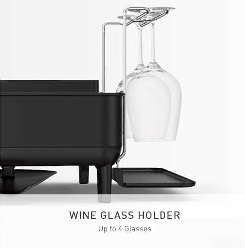 simplehuman Steel Frame Dishrack, Large Capacity Dish Drying Rack, 360º Easy Drain Swivel Spout, Utensil & Wine Glass Holder, Anti-Residue Coating