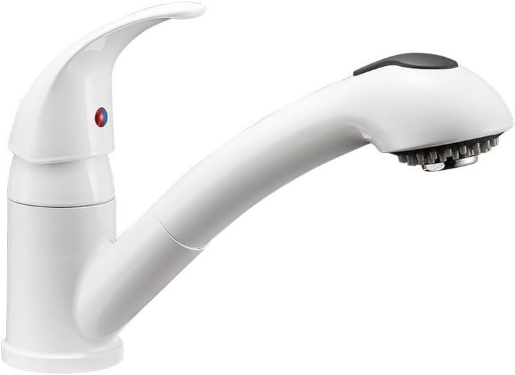 Dura Faucet DF-NMK852-WT RV Pull-Out Swivel Kitchen Sink Faucet (White) | One-hole, single-handle design with smooth lever control for galley cleanup. Easy DIY install with common hand tools.