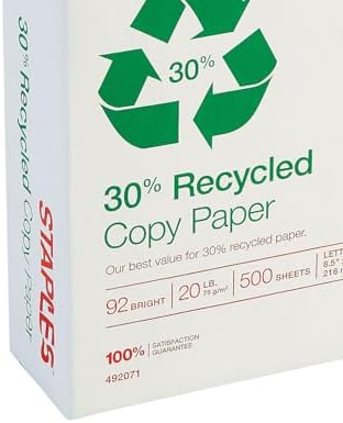 Staples 30% Recycled 8.5-Inch X 11-Inch Copy Paper 20 Lbs 92 Brightness 500/Ream, For Office, School & Home