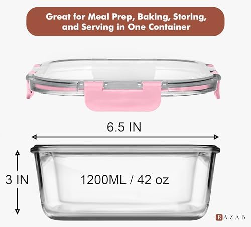 Razab 2 PC 1200ML / 41 Oz Glass Food Storage Containers with Lids - Airtight & Leakproof - Microwave/Oven/Freezer Safe - BPA Free - Ideal for Meal