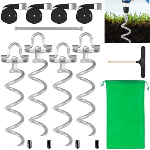 MIXXIDEA 11.4 Inch Gound Anchors Screw in, Metal Spiral Earth Anchors Kit, Heavy Duty Folding Ring Spiral Stake, Silver Ground Stakes for Tent