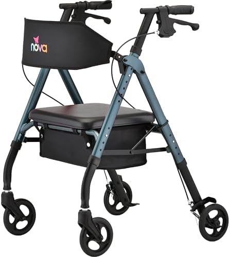 NOVA Star 6 Foldable Rollator Walker for Seniors, Wide Padded Backrest with Seat, 6” All-Terrain Wheels, Easy-Grip Locking Hand Brakes, Height Adjustable, Blue