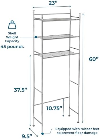 Honey-Can-Do 3-Tier Metal Bathroom Shelf Space Saver, Over The Toilet Storage Rack Organizer, Adjustable Chrome Wire Shelving Unit for Towels & Toiletries, 9.5 x 23 x 60 in