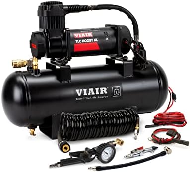 VIAIR TLC BOOST Air Compressor Source Kit – 120 PSI Stationary Tire Inflator with 1.5 Gallon Tank, Presta Valve Chuck, Inflation Tips & 30ft Coil Hose – For Air Tools, DIY Projects & Mobile Shops