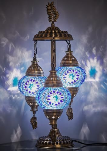 DEMMEX 3-Globe Turkish Moroccan Table Lamp, Tiffany Mosaic Glass Bedside Night Light, Handmade Colorful Mosaic Glass Globes & Antique Brass Finish Base, 21" H, Multicolor