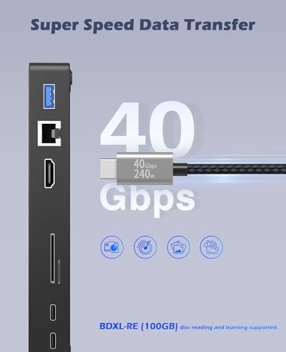 Wbacon External Blu ray Drive, Support 100GB BDXL-RE Disc Reading Writing | 40Gbps External Bluray Burner with HDMI & LAN