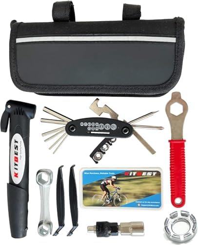 Bike Repair Bag with Tire Pump and Portable Bicycle Kit for Camping Travel | All in One Tool kit, 16 in 1 Bike Multitool, Bike Glueless Patches, Bicycle Tire Repair Kit, Fits Mountain & Road Bike