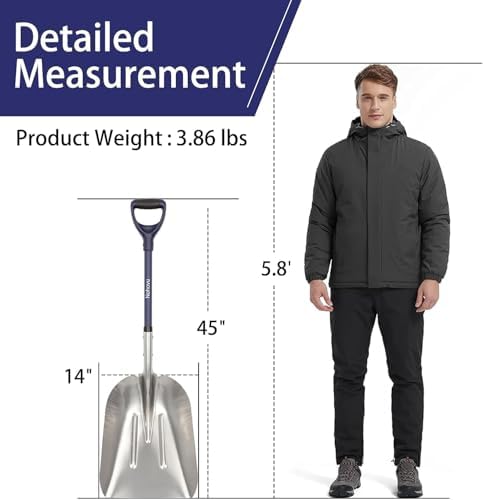 Nohovu Aluminum Snow Shovel - Large Capacity Driveway Snow Removal Tool, Fiberglass D-Handle, 45 Inch Blade