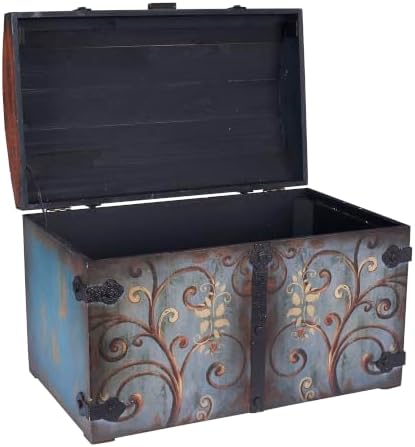 Household Essentials Vintage Wood Storage Trunk, Large, Blue Body/Brown Lid/Floral Design