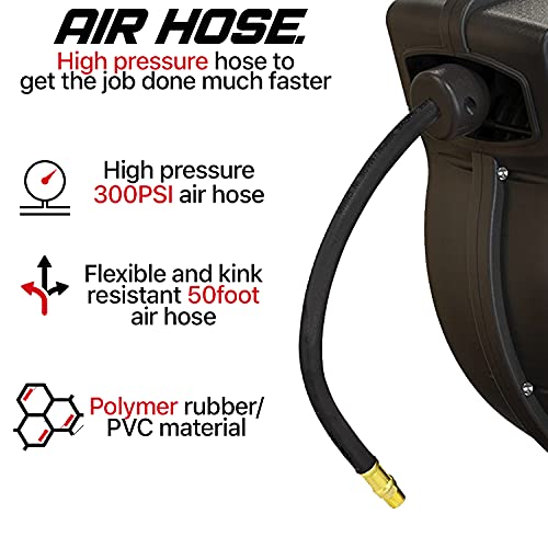 ReelWorks Air Hose Reel Retractable 3/8" Inch x 50' Foot | Hybrid Polymer Hose Max 300PSI Commerical Polypropylene Construction
