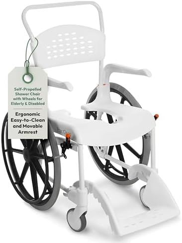 Etac Clean 24" Self-Propelled Shower Chair with Wheels - 21 3/4 Inch Fixed Height with 24 Inch Rear Wheels - Shower Wheelchair for Elderly and Disabled - Movable Armrest & Ergonomic Footrest
