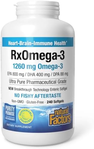 Natural Factors, RxOmega-3 Fish Oil, Pharmaceutical Grade, 1260 mg Omega-3 Per Serving, No Fishy Aftertaste, 240 Count (Pack of 1)